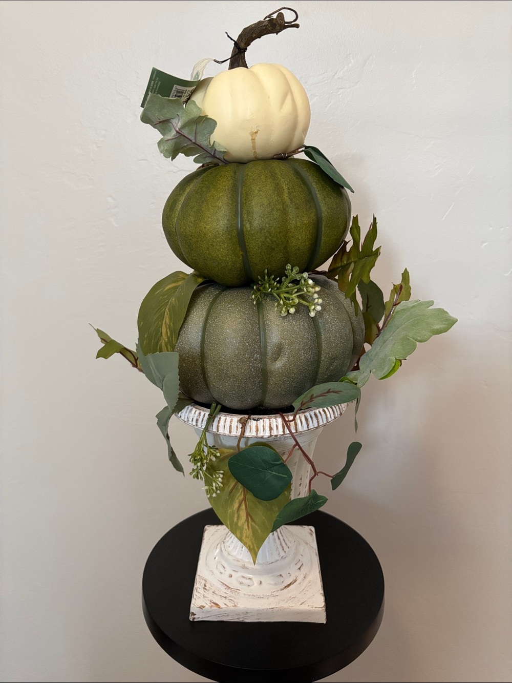 Stacked Pumpkin Topiary - Green & Cream Fall Decor